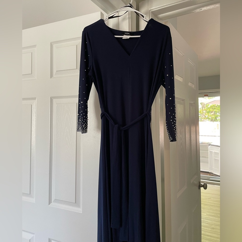 MSK Navy Long Sleeve Dress with Embellished Sleeves
